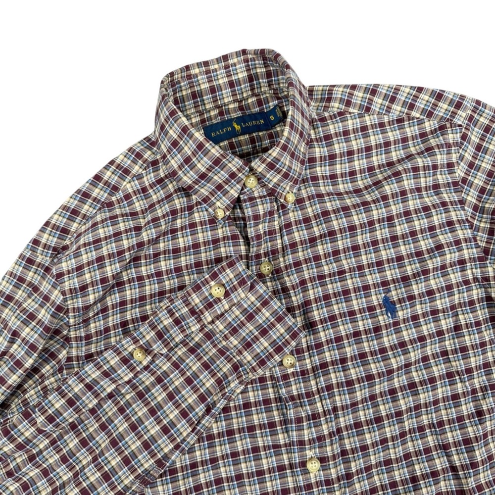 Ralph Lauren Button Down Shirt Mens Small Plaid Burgundy Blue Green Long Sleeve